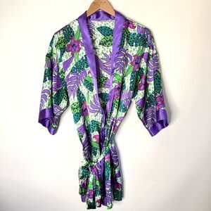 Vintage Body Drama Lingerie Robe Tropical Summer Satin Purple Floral Small